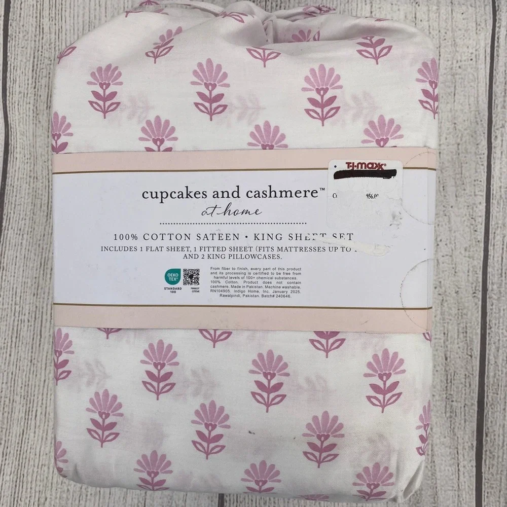 Cupcakes and Cashmere Sheet Set King White Pink Floral 100% Cotton Sateen 4pc